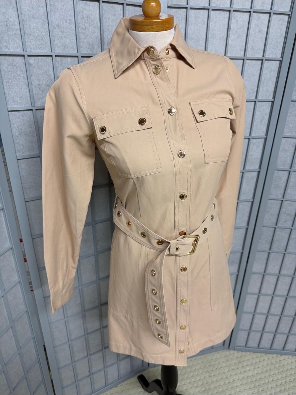 Michael Kors Neutral Beige Belted Shirt Mini Dress - Picture 6 of 13